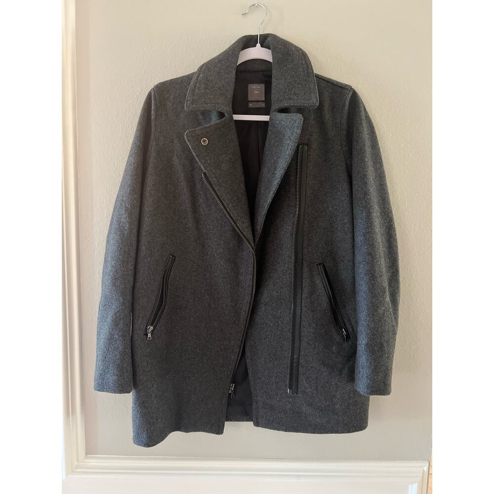 Gap Grey Women's Wool Blend Coat w/Black Leather Trim Size XS